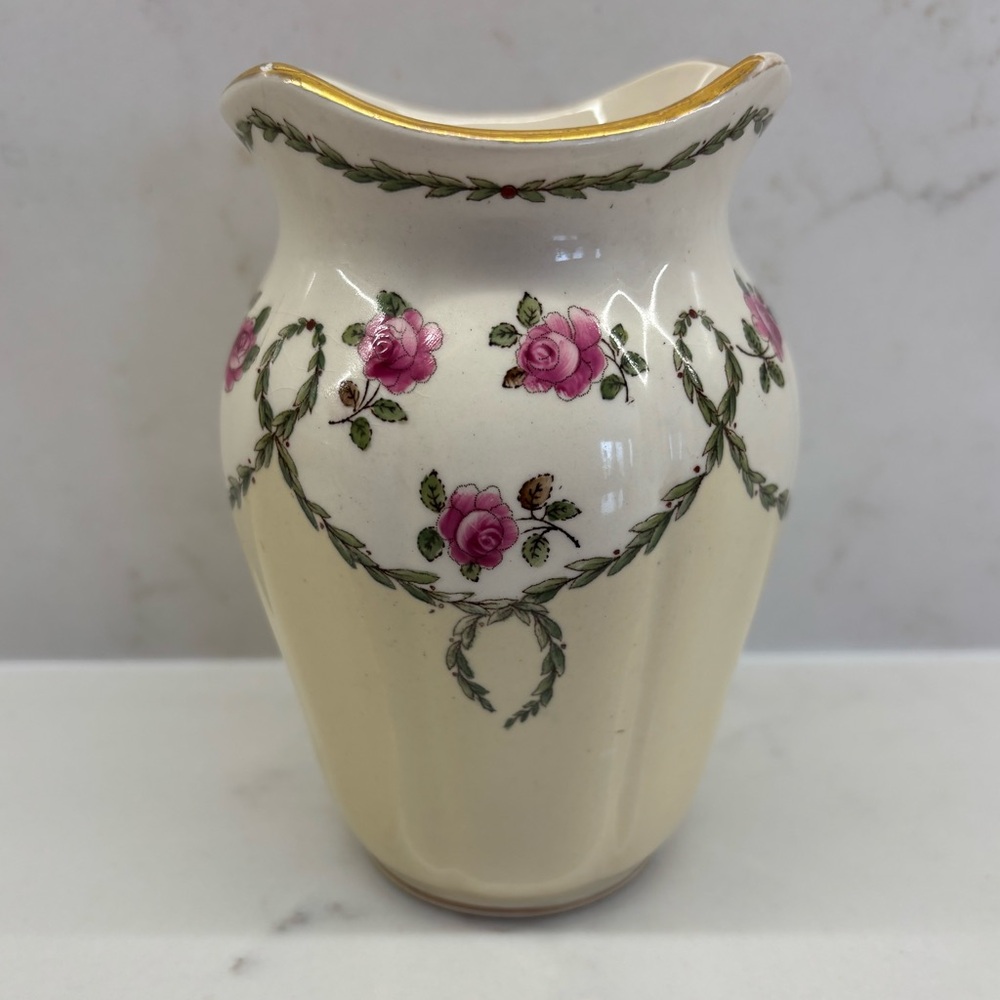 Vintage Minton Floral Cream Vase with Laurel Garland and Pink Roses Gold Rim